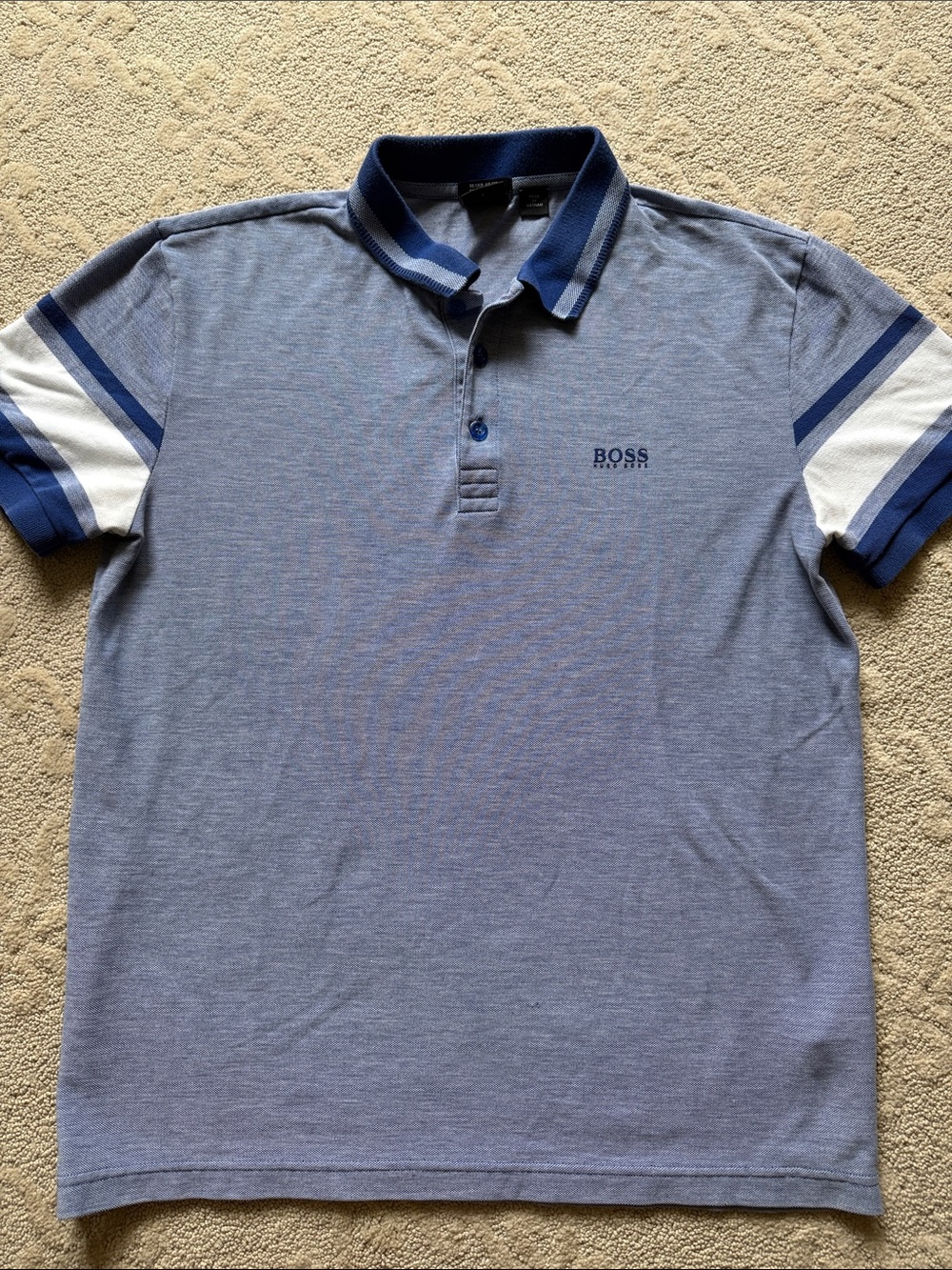 Boss Light Blue Polo with Navy & White Sleeve Stripes